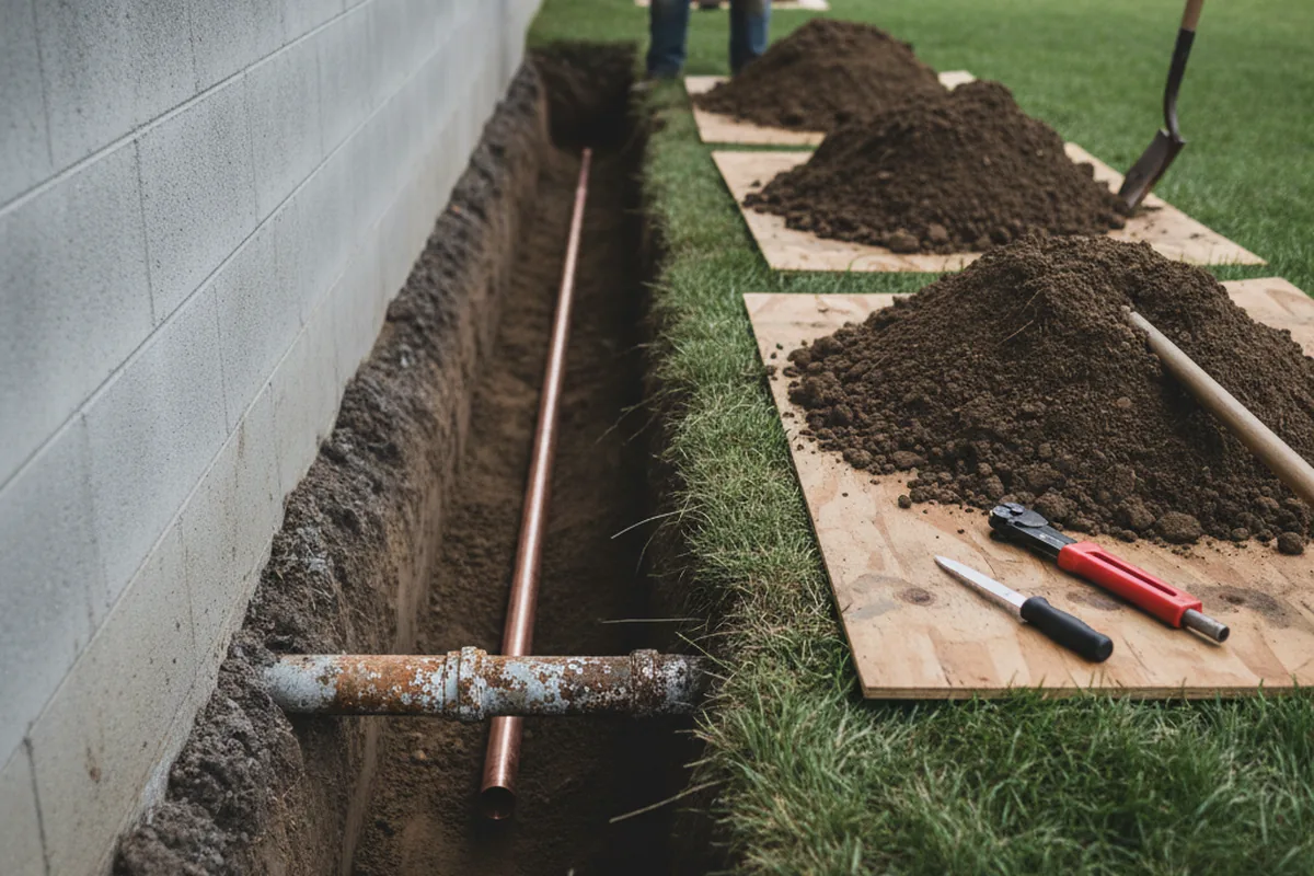 Excavated water line trench during Sewer Line Repair in Kathleen